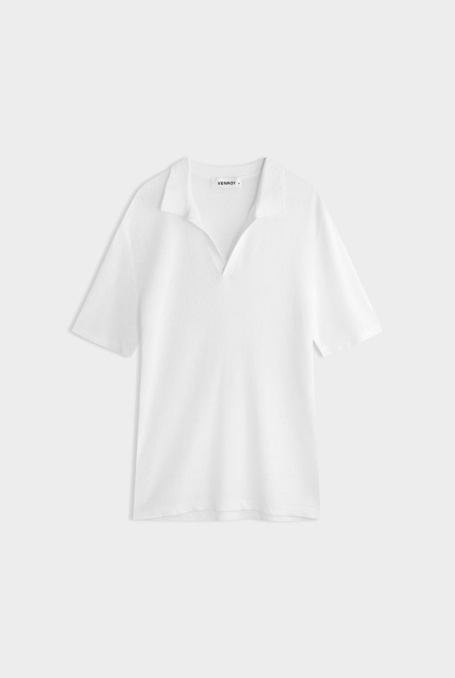 Rib Knit Open Neck Polo - Off White