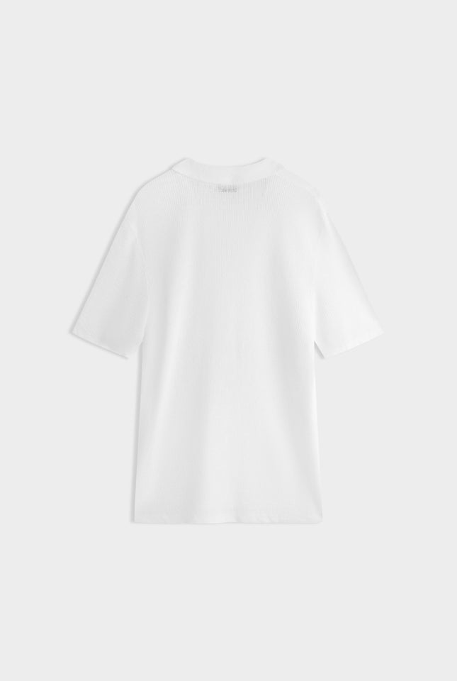 Rib Knit Open Neck Polo - Off White