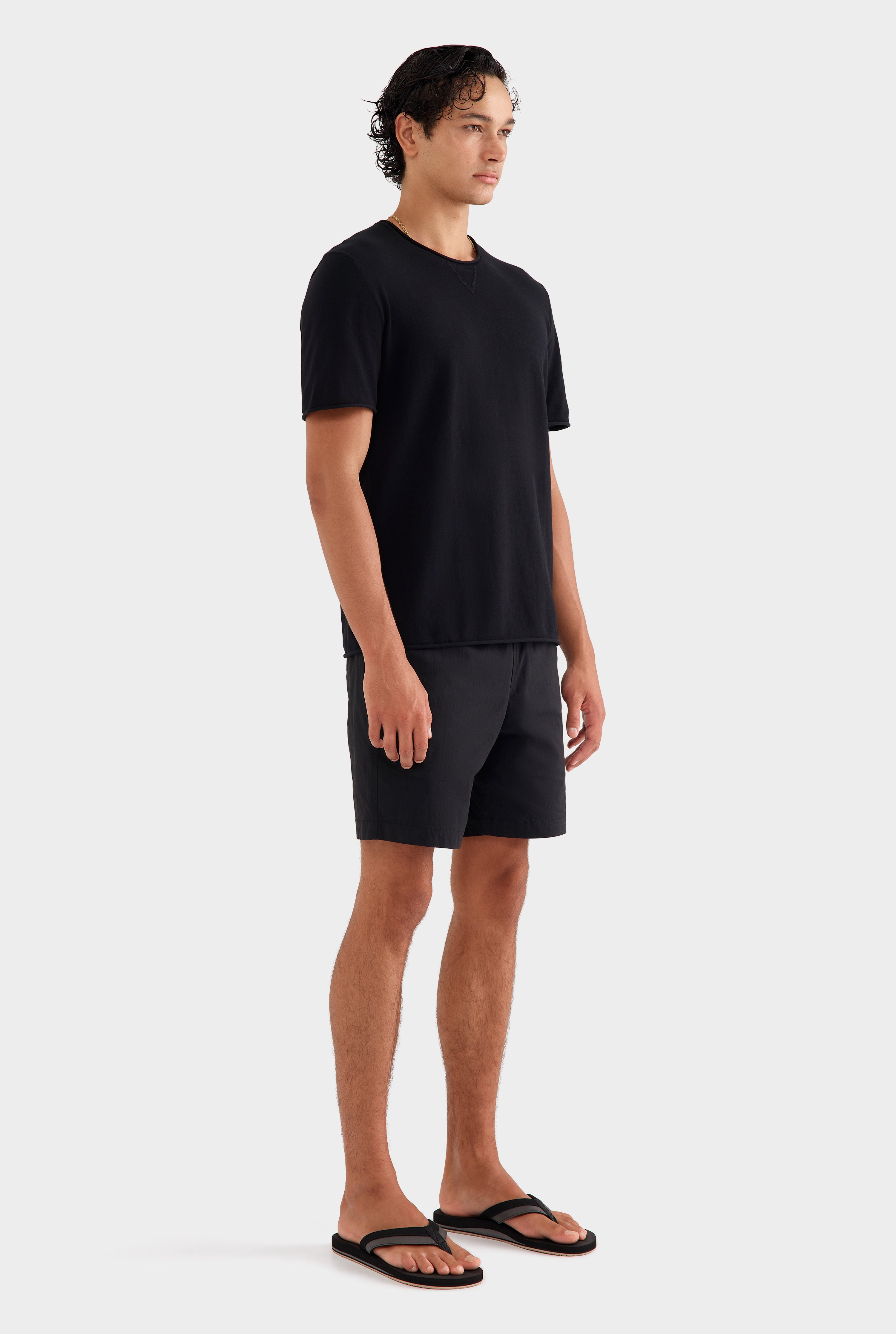 Rolled Edge Cotton Knit T-Shirt - Black