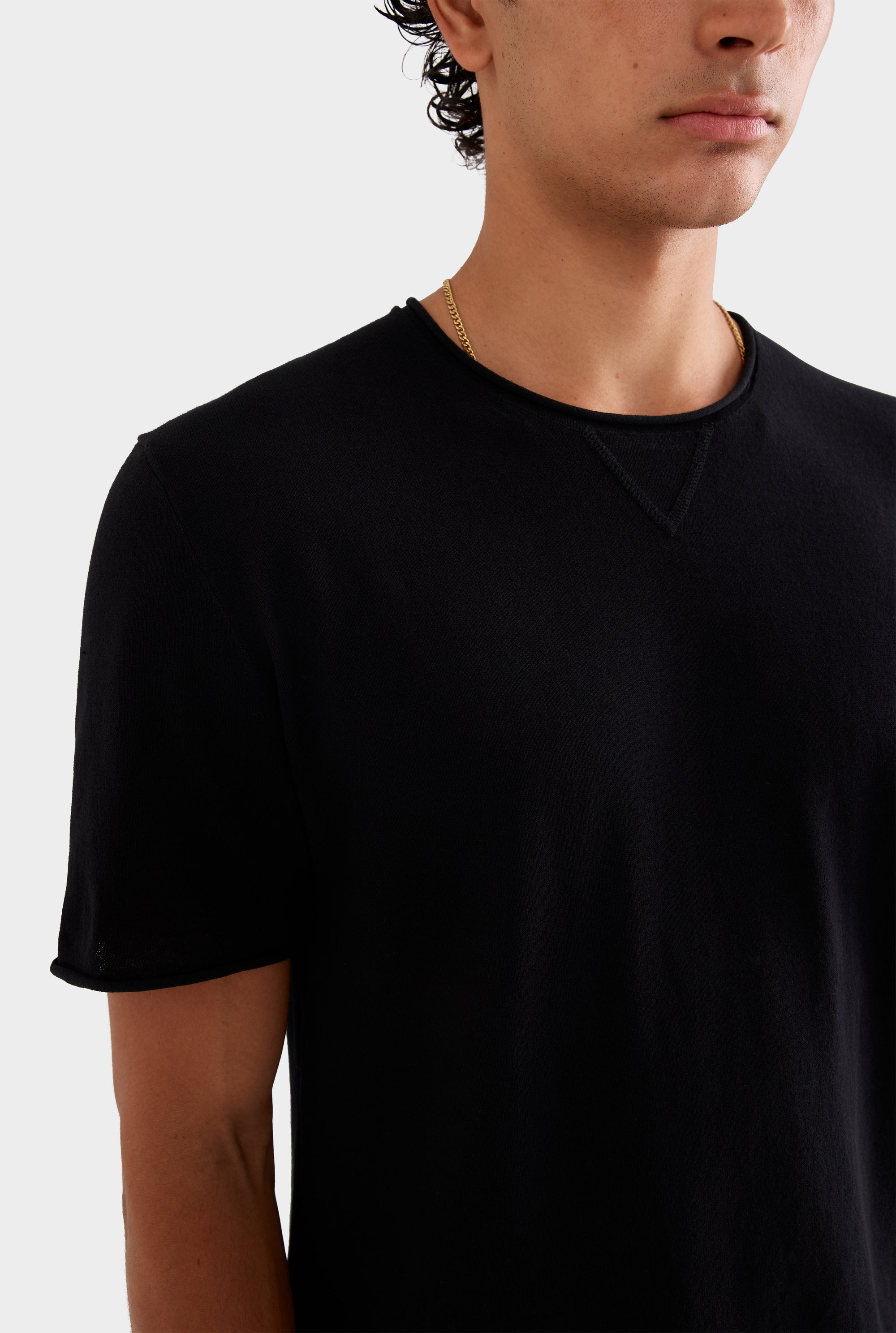 Rolled Edge Cotton Knit T-Shirt - Black