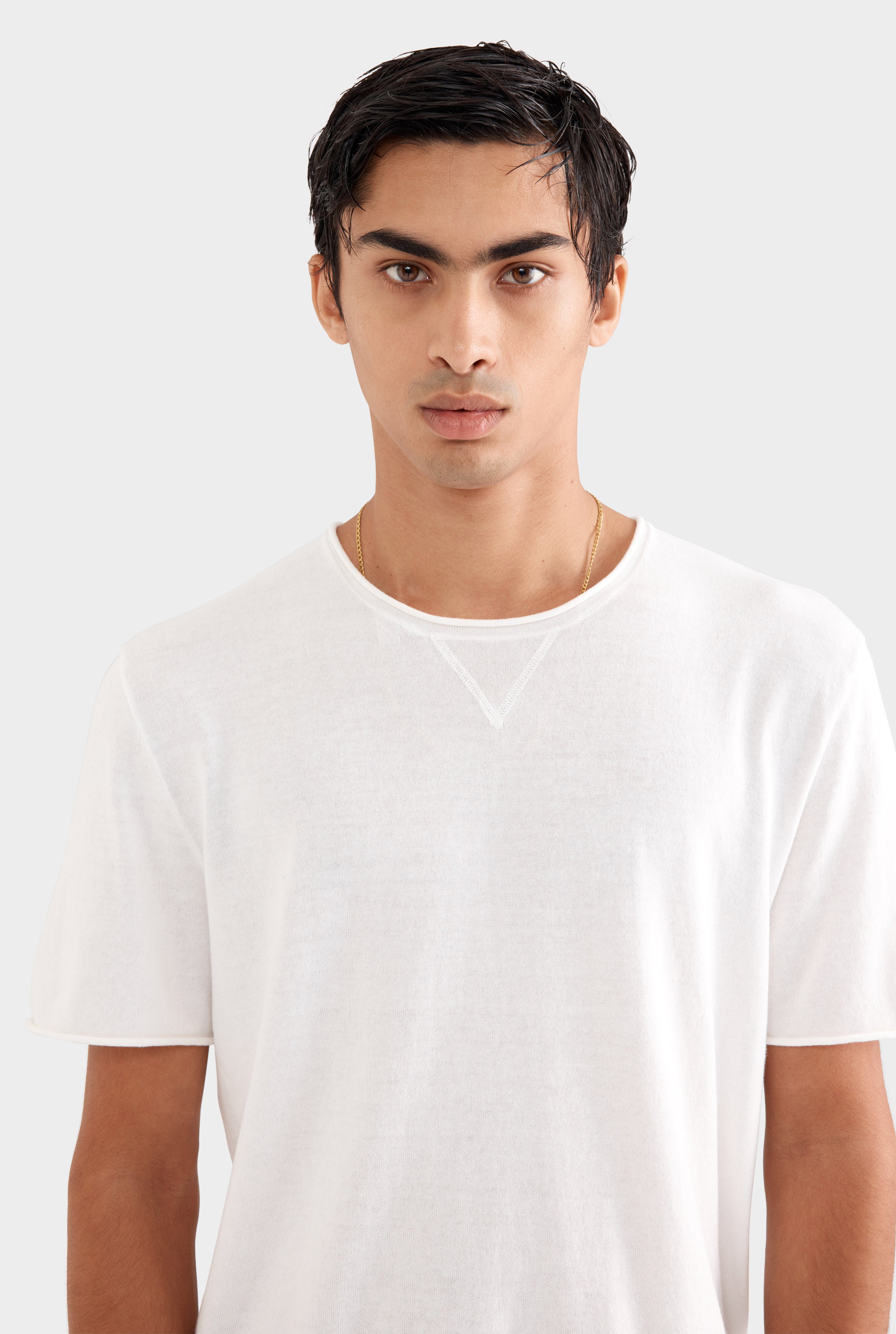 Rolled Edge Cotton Knit T-Shirt - Off White