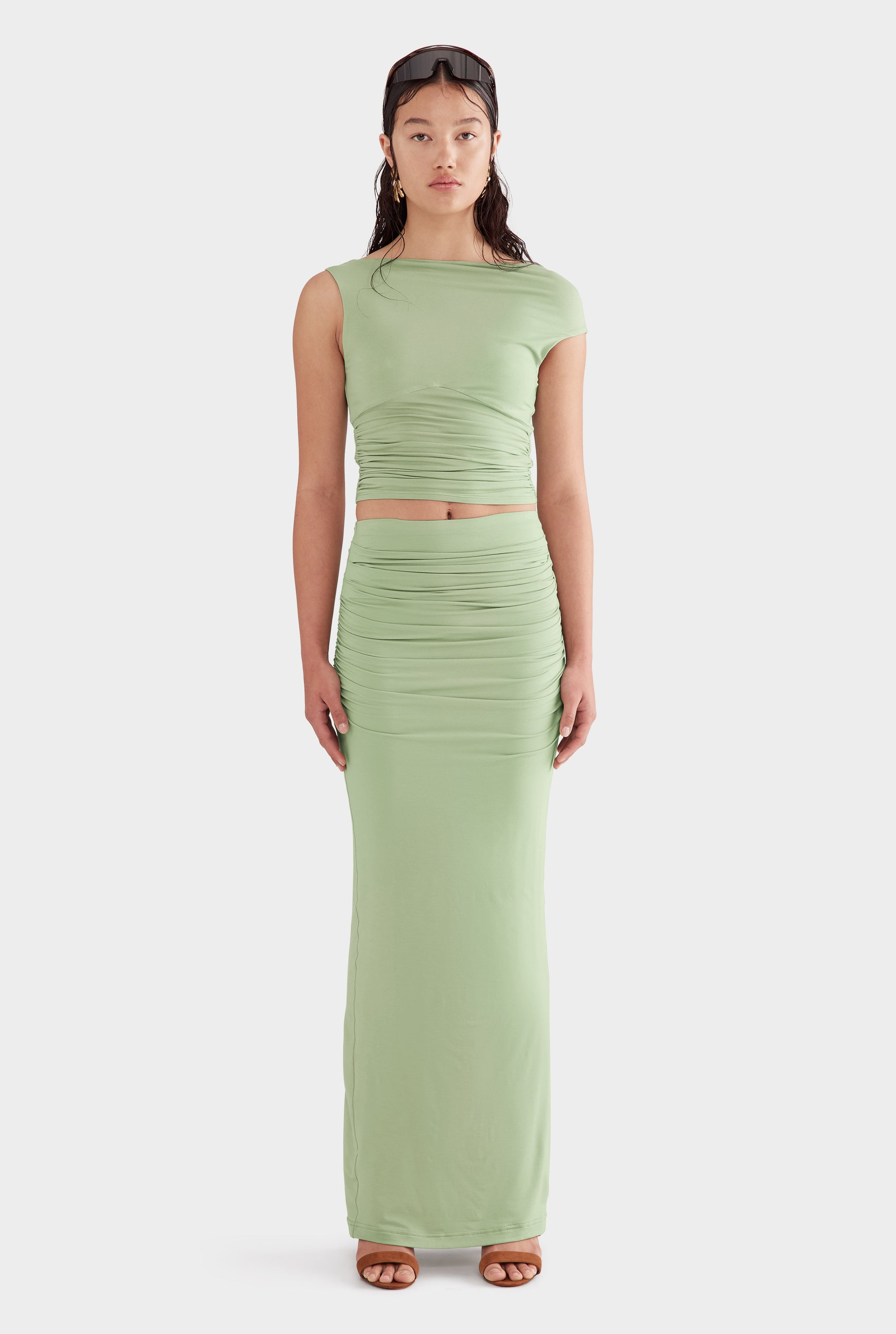 Asymmetrical Ruched Jersey Top - Mint Green