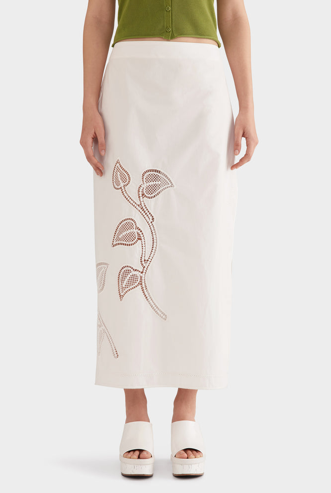 Cotton Broiderie Column Skirt - Off White