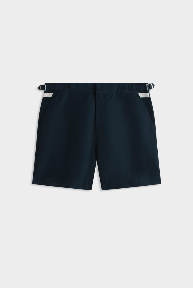 Cotton Linen Twill Side Tab Short - Navy/Natural Tape