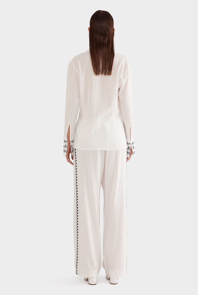 Embroidered Cotton Drawstring Pant - Off White/Ditsy Floral Embroidery