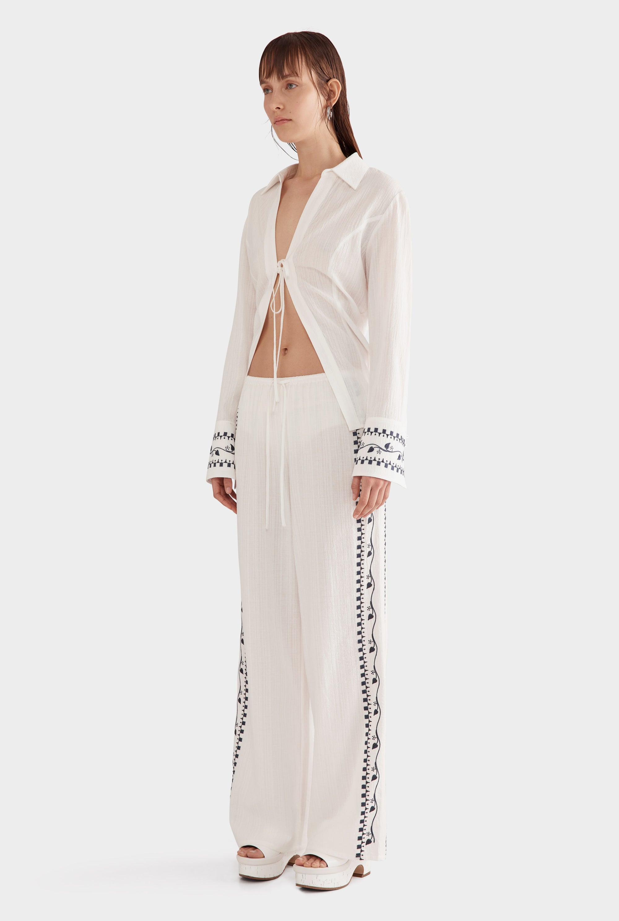 Embroidered Cotton Drawstring Pant - Off White/Ditsy Floral Embroidery