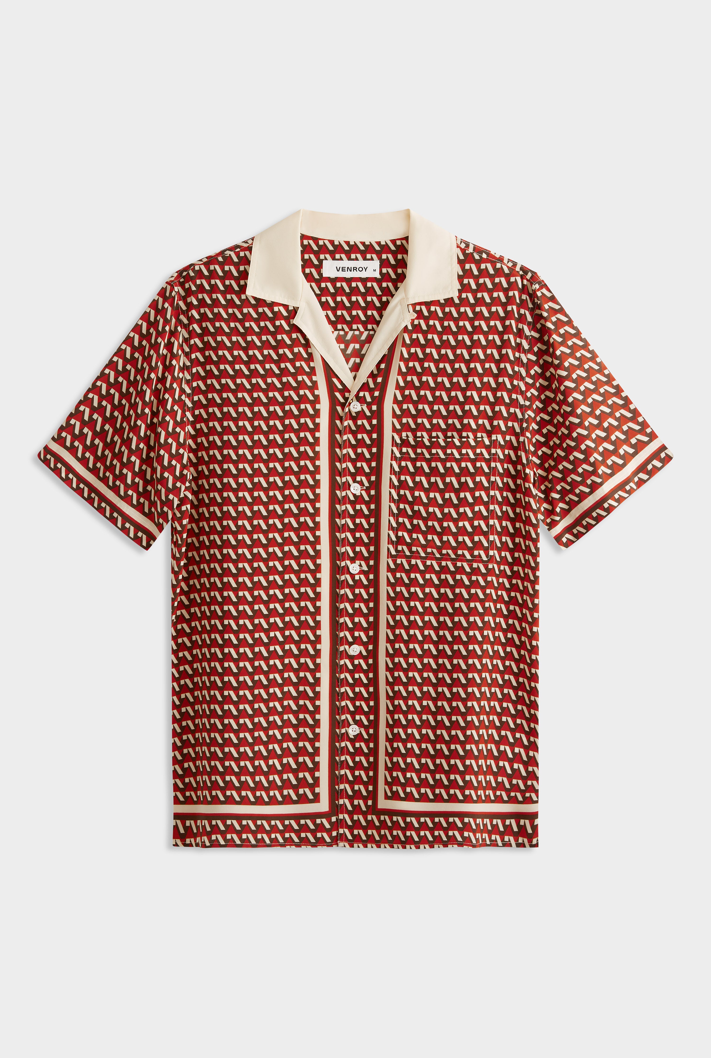 Flat Hem Short Sleeve Silk Camp Collar Shirt - Cocoa/Red V Monogram