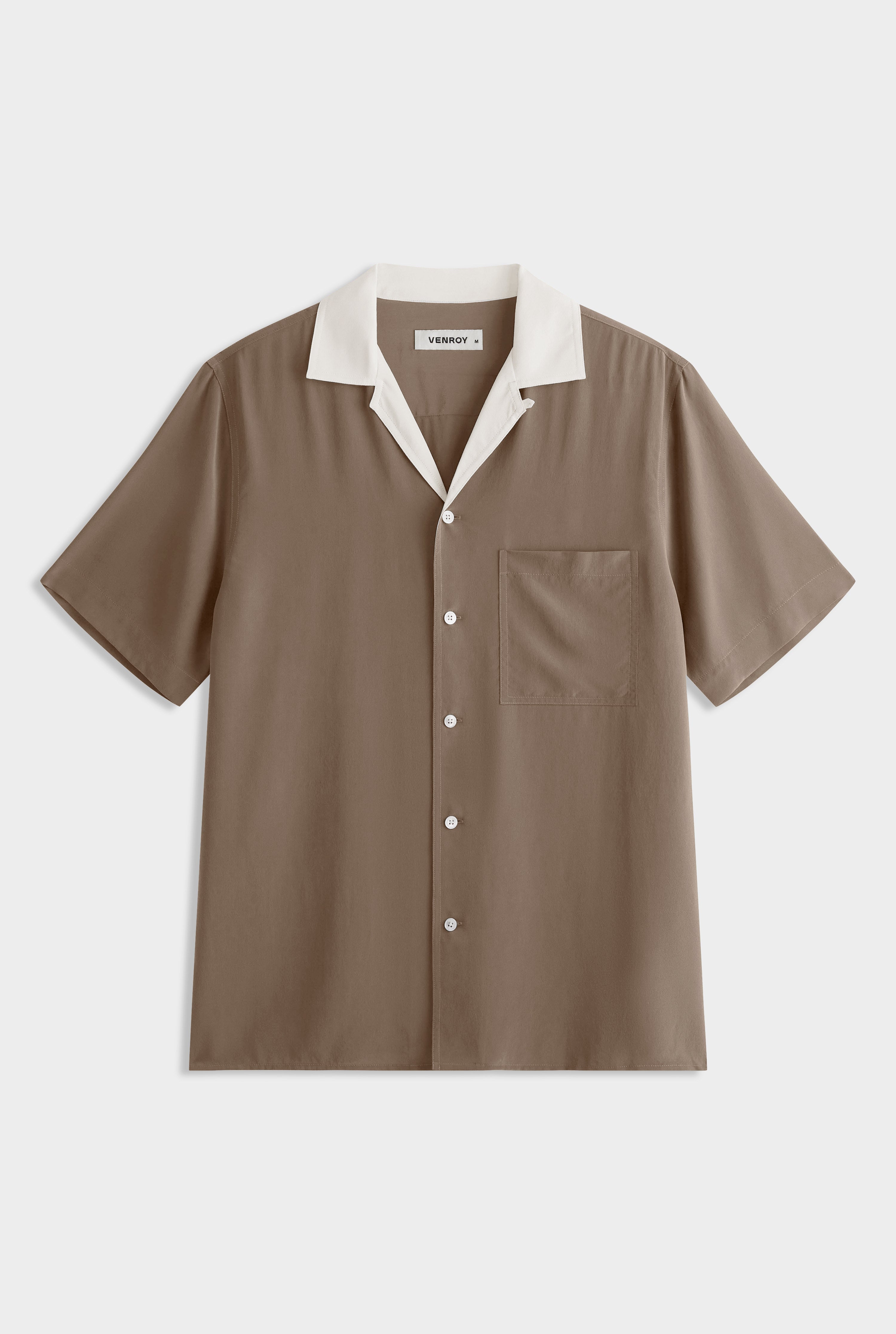 Flat Hem Short Sleeve Silk Camp Collar Shirt - Olive/Cream