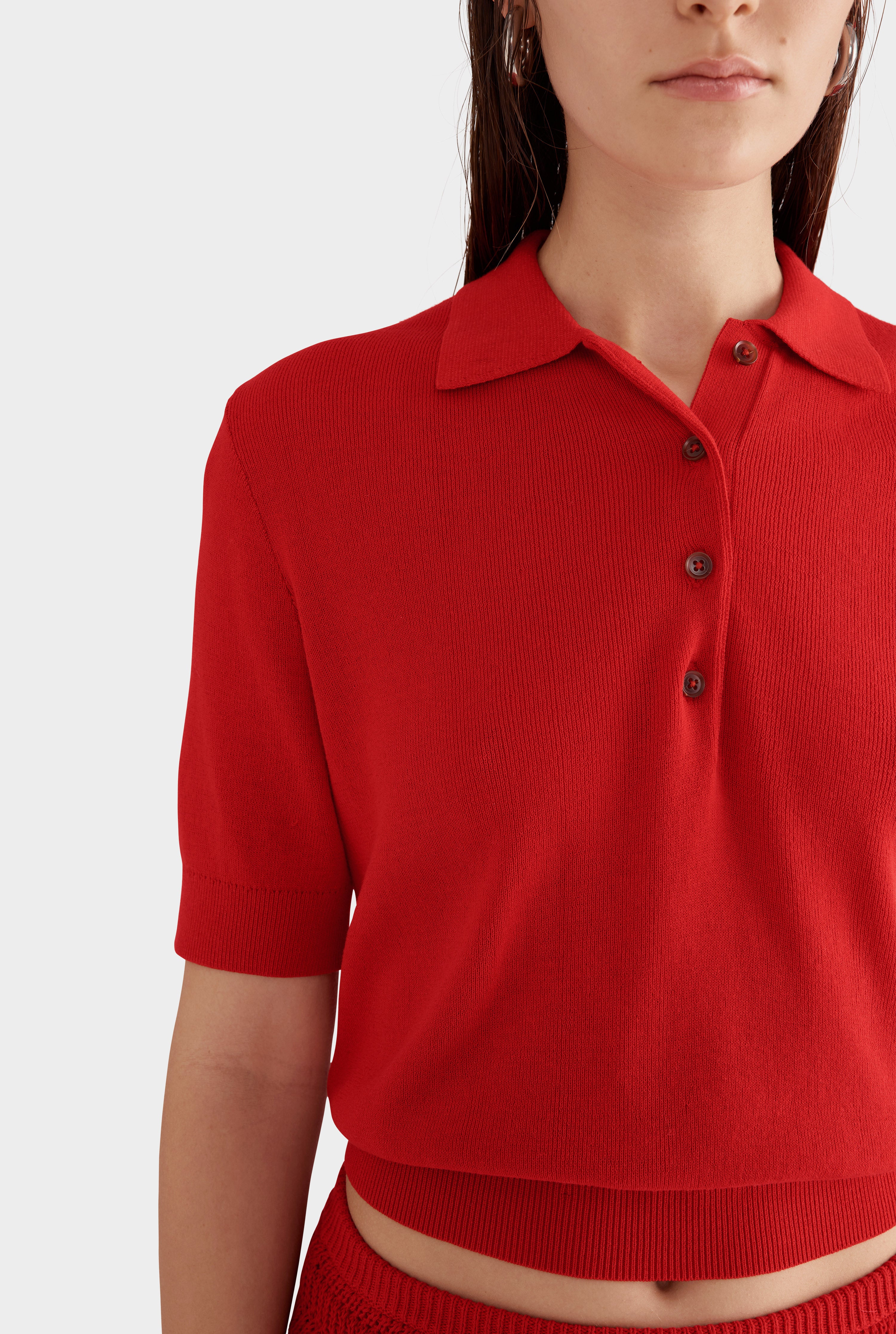 Knitted Cotton Mid Sleeve Polo - Red