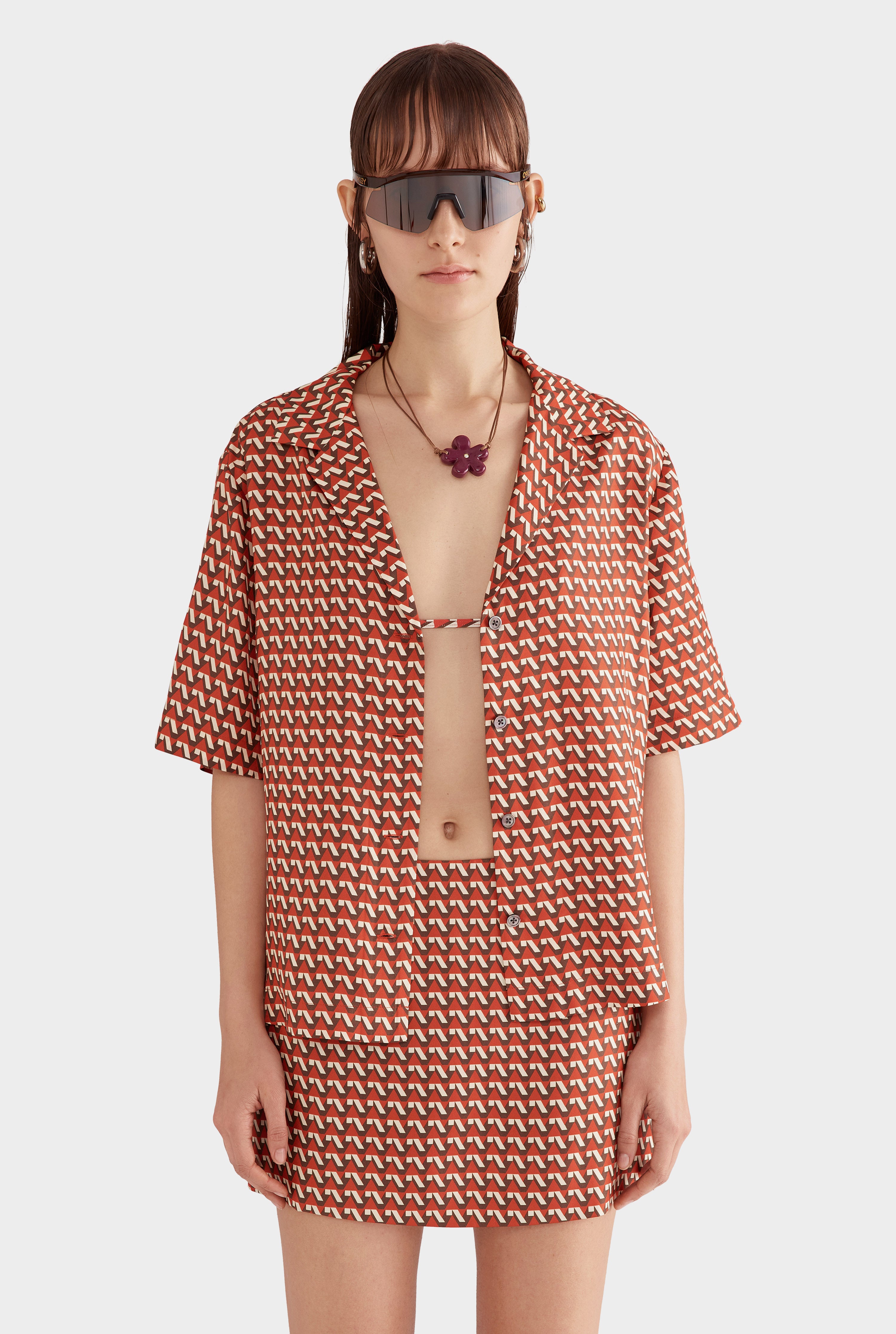 Relaxed Silk Camp Collar Shirt - Cocoa/Red V Monogram