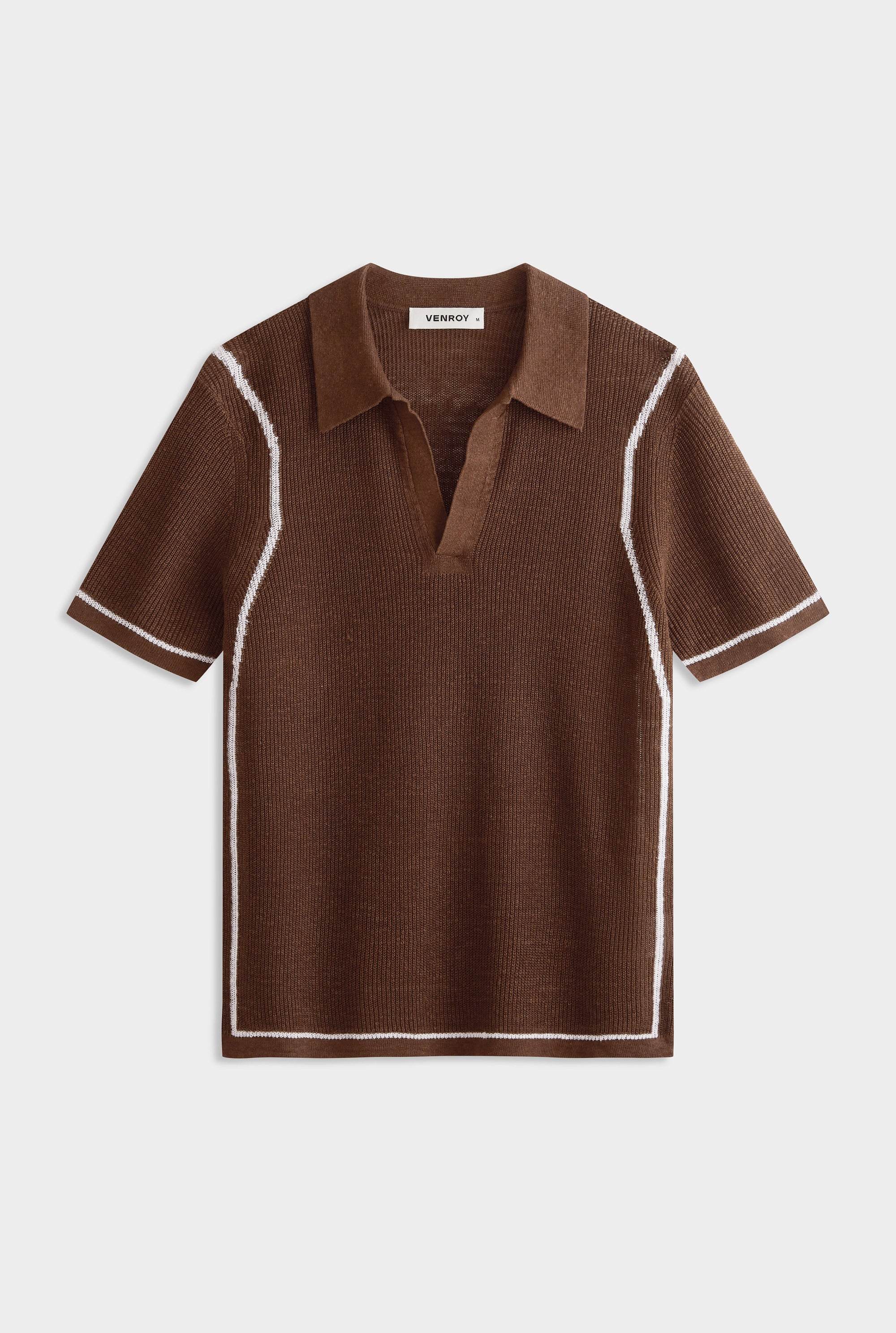 Rib Knit Open Neck Polo - Cocoa/Off White Border