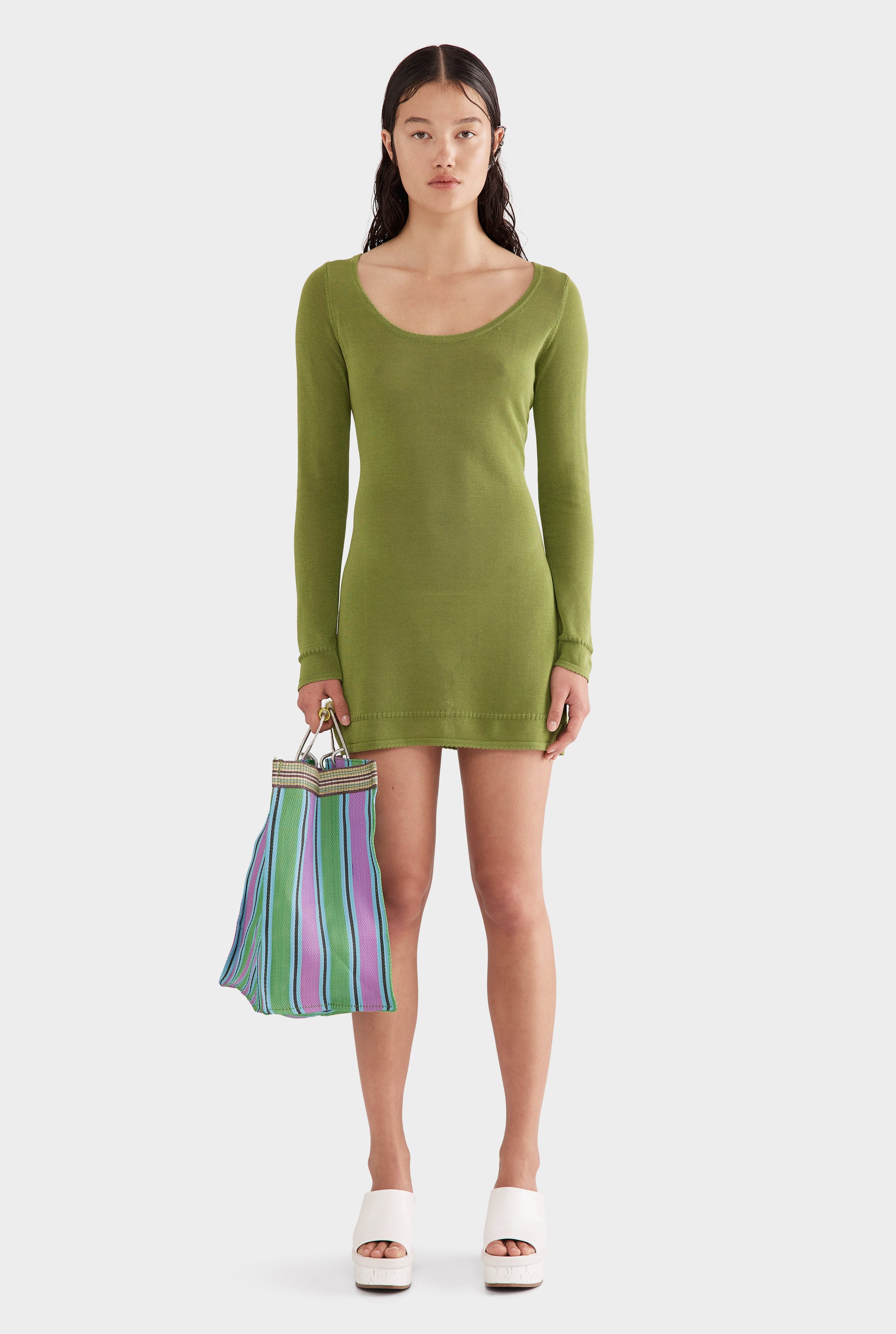 Scoop Neck Knit Mini Dress - Kelp Green