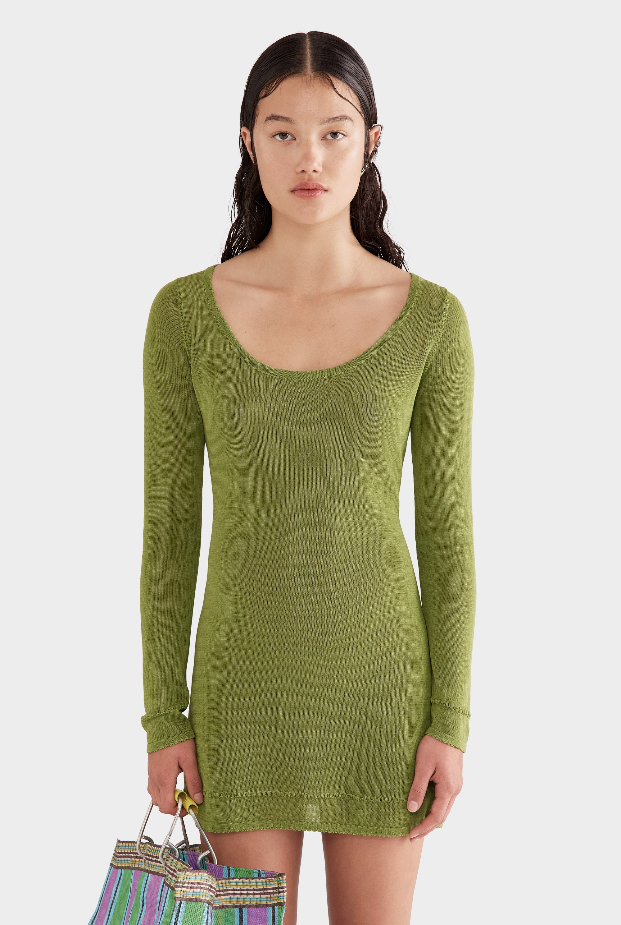 Scoop Neck Knit Mini Dress - Kelp Green