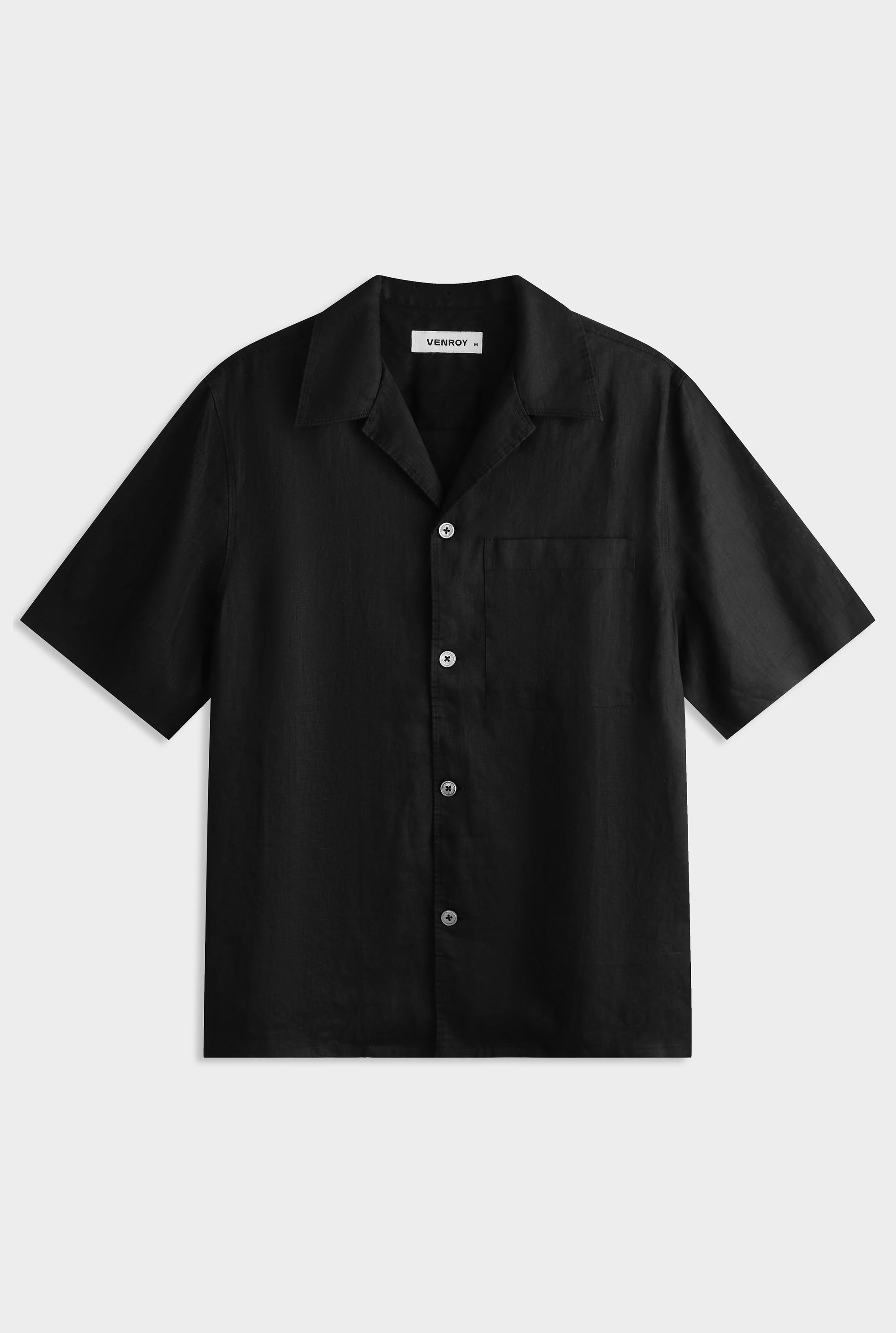 Short Sleeve Linen Camp Collar Shirt - Black