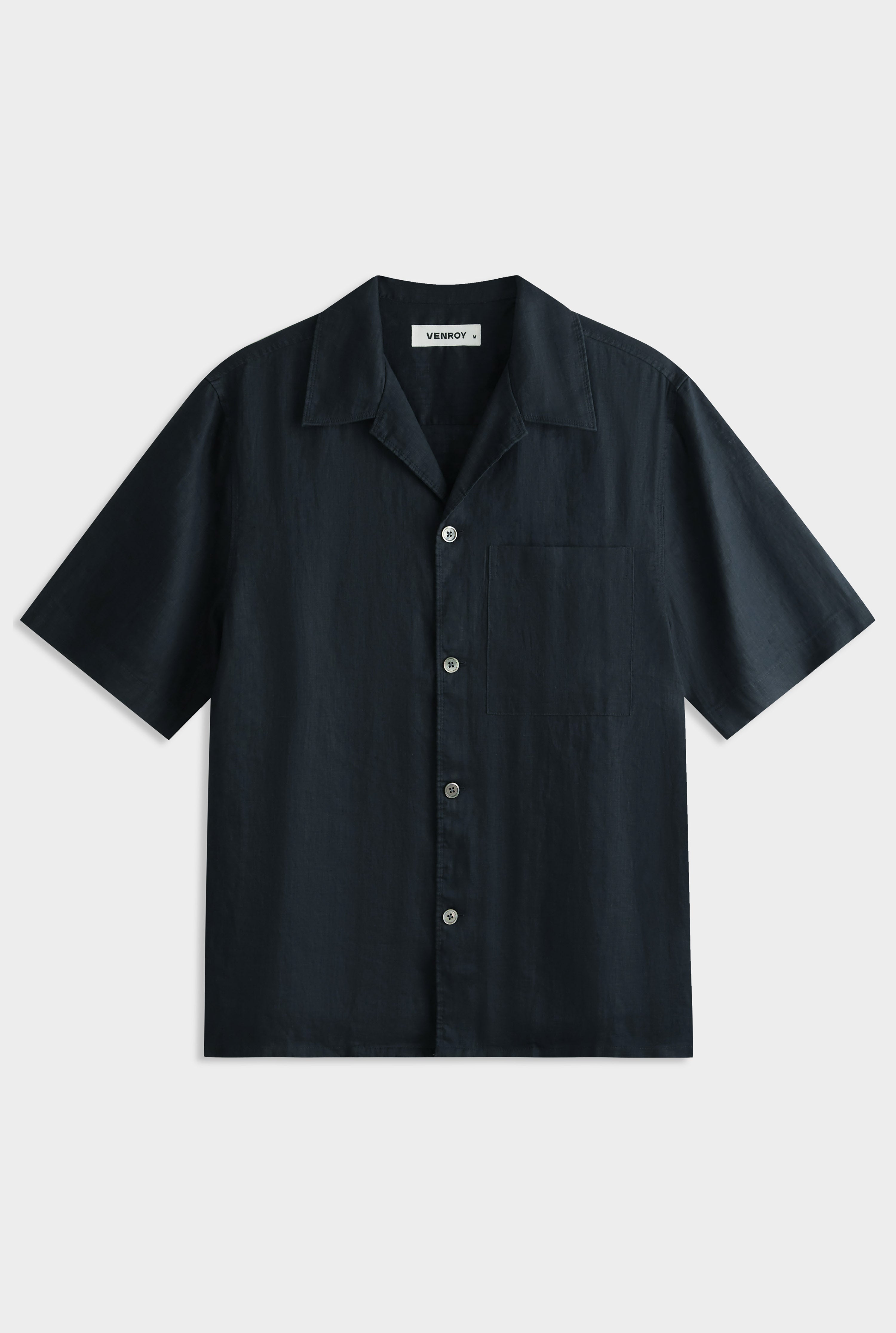 Short Sleeve Linen Camp Collar Shirt - Navy