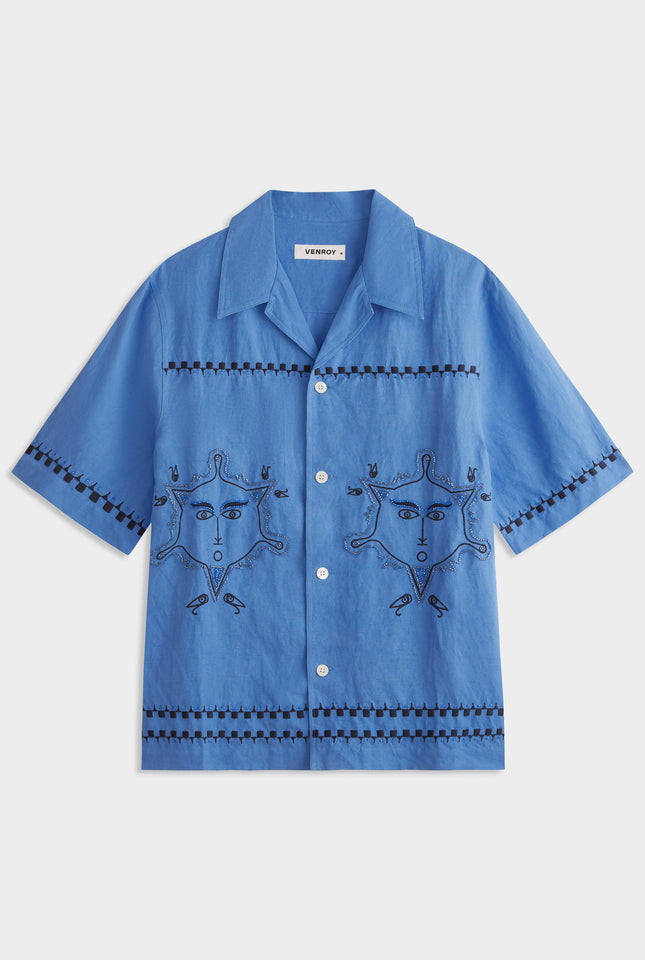 Silk Linen Beaded Boxy Camp Collar Shirt - Regatta Blue