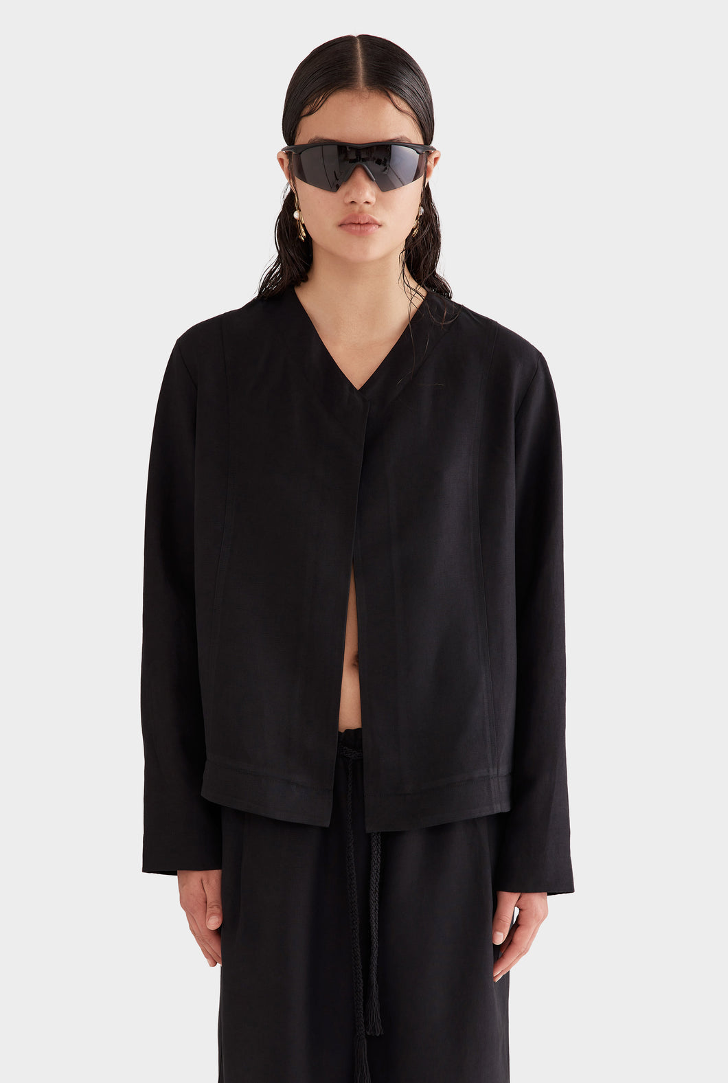 Silk Linen Long Sleeve Top - Black