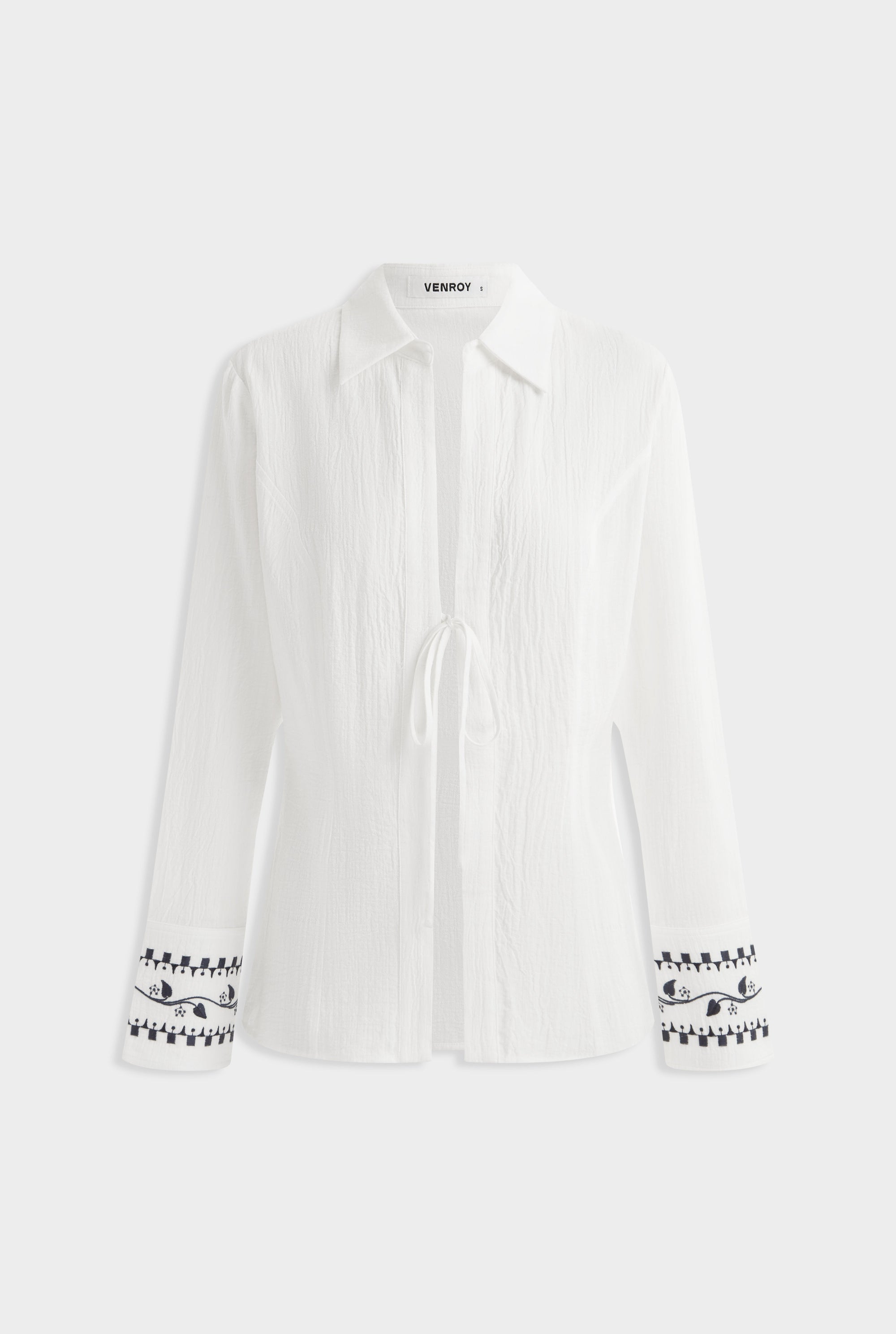 Embroidered Cotton Tie Up Shirt - Off White/Ditsy Floral Embroidery