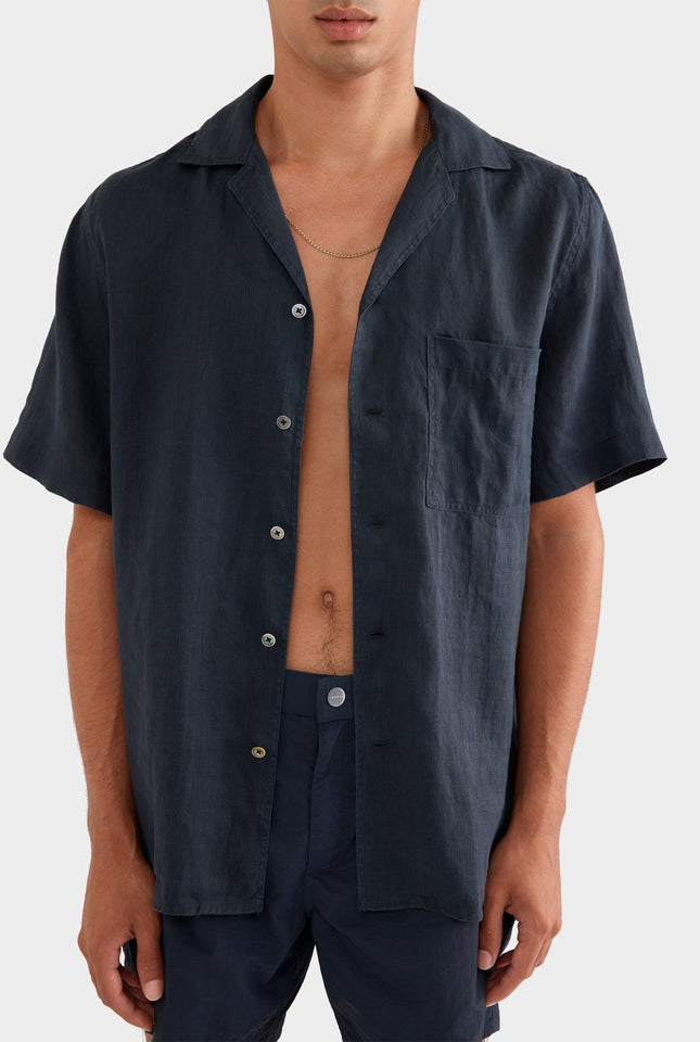 Short Sleeve Linen Camp Collar Shirt - Navy