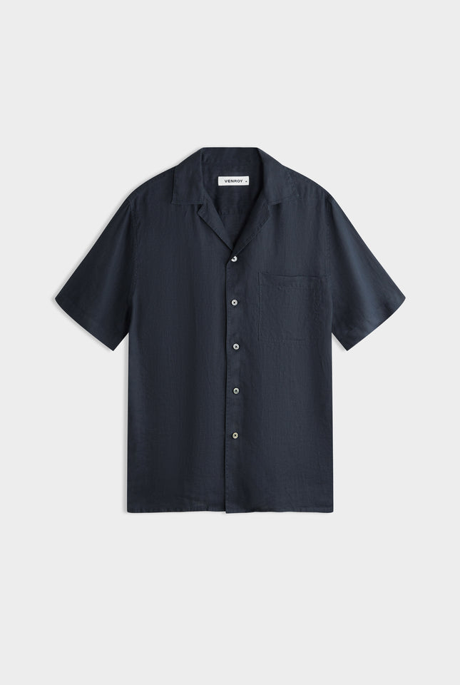 Short Sleeve Linen Camp Collar Shirt - Navy