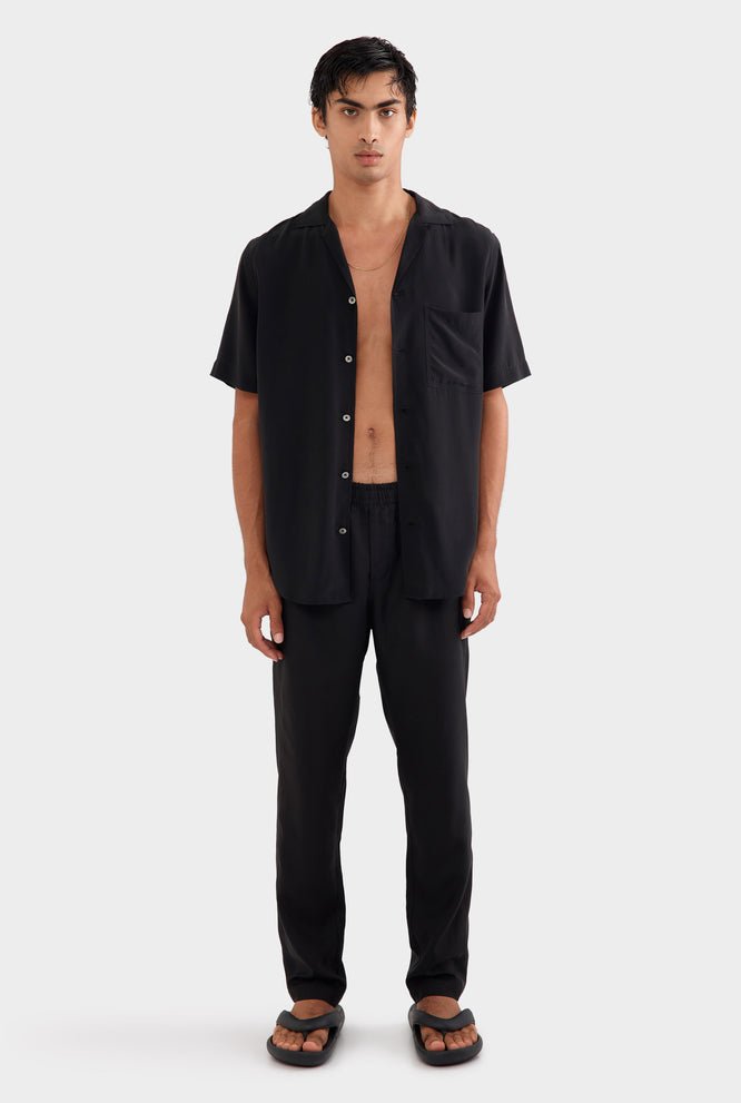 Short Sleeve Silk Camp Collar -  Black