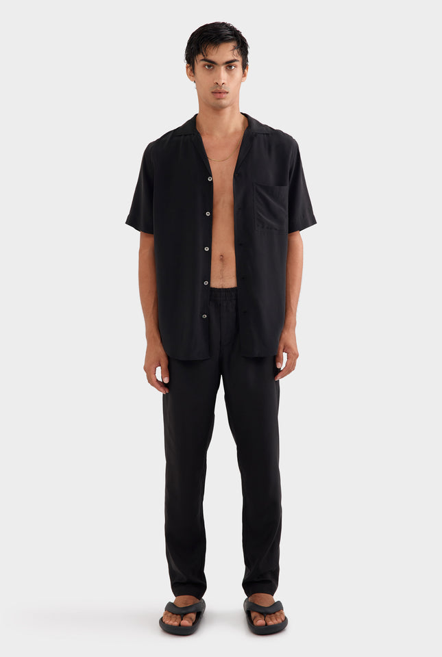 Short Sleeve Silk Camp Collar -  Black