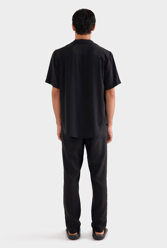 Short Sleeve Silk Camp Collar -  Black