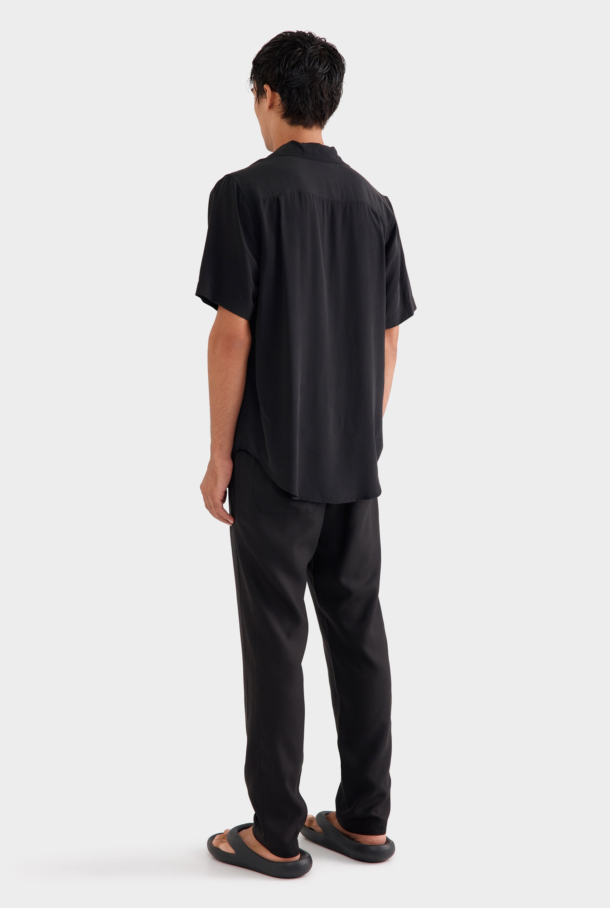 Short Sleeve Silk Camp Collar -  Black