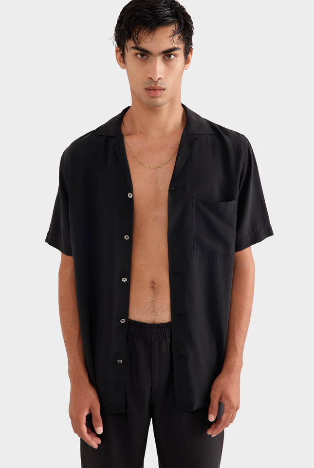 Short Sleeve Silk Camp Collar -  Black