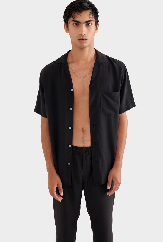 Short Sleeve Silk Camp Collar -  Black