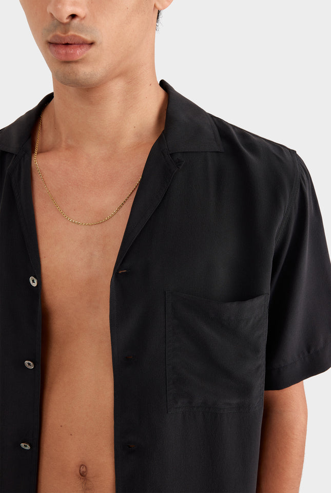 Short Sleeve Silk Camp Collar -  Black