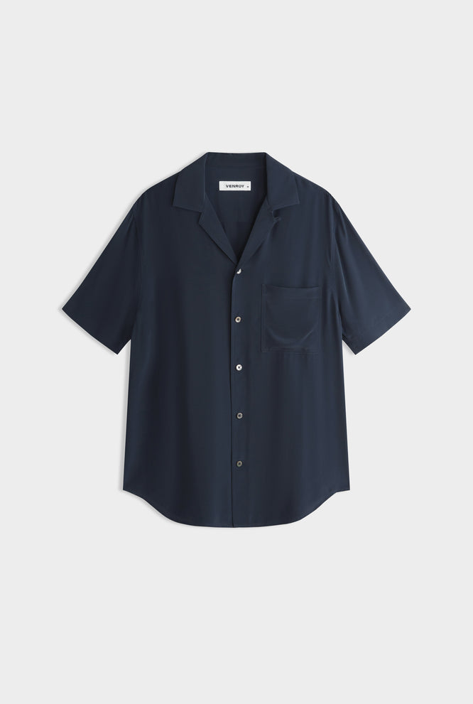 Short Sleeve Silk Camp Collar -  Navy