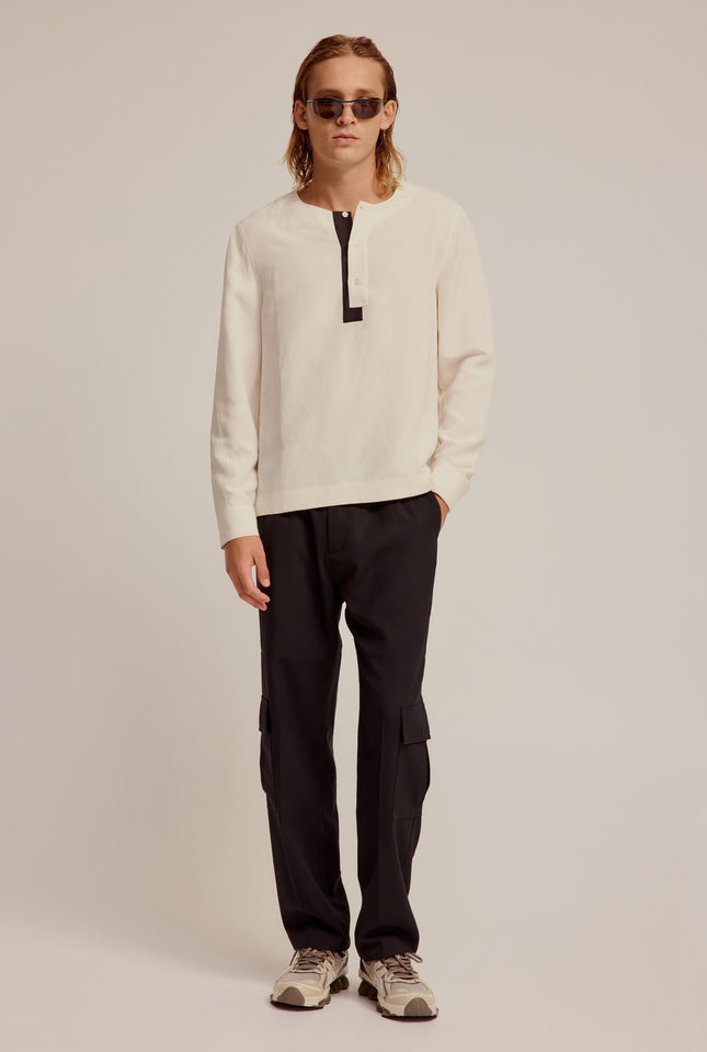 Silk Linen Henley Shirt - Cream/Black