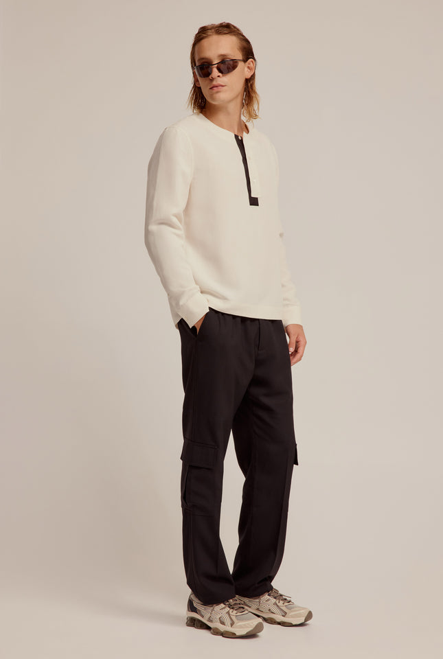 Silk Linen Henley Shirt - Cream/Black