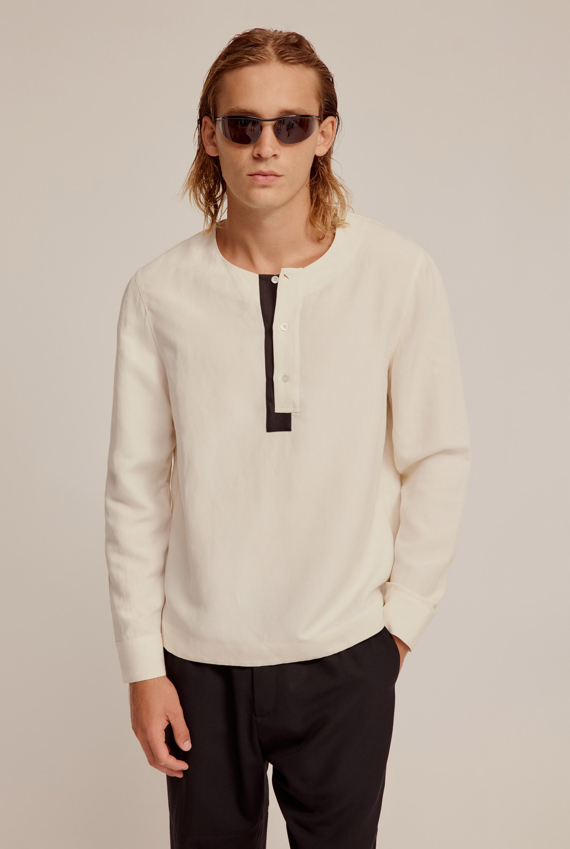 Silk Linen Henley Shirt - Cream/Black