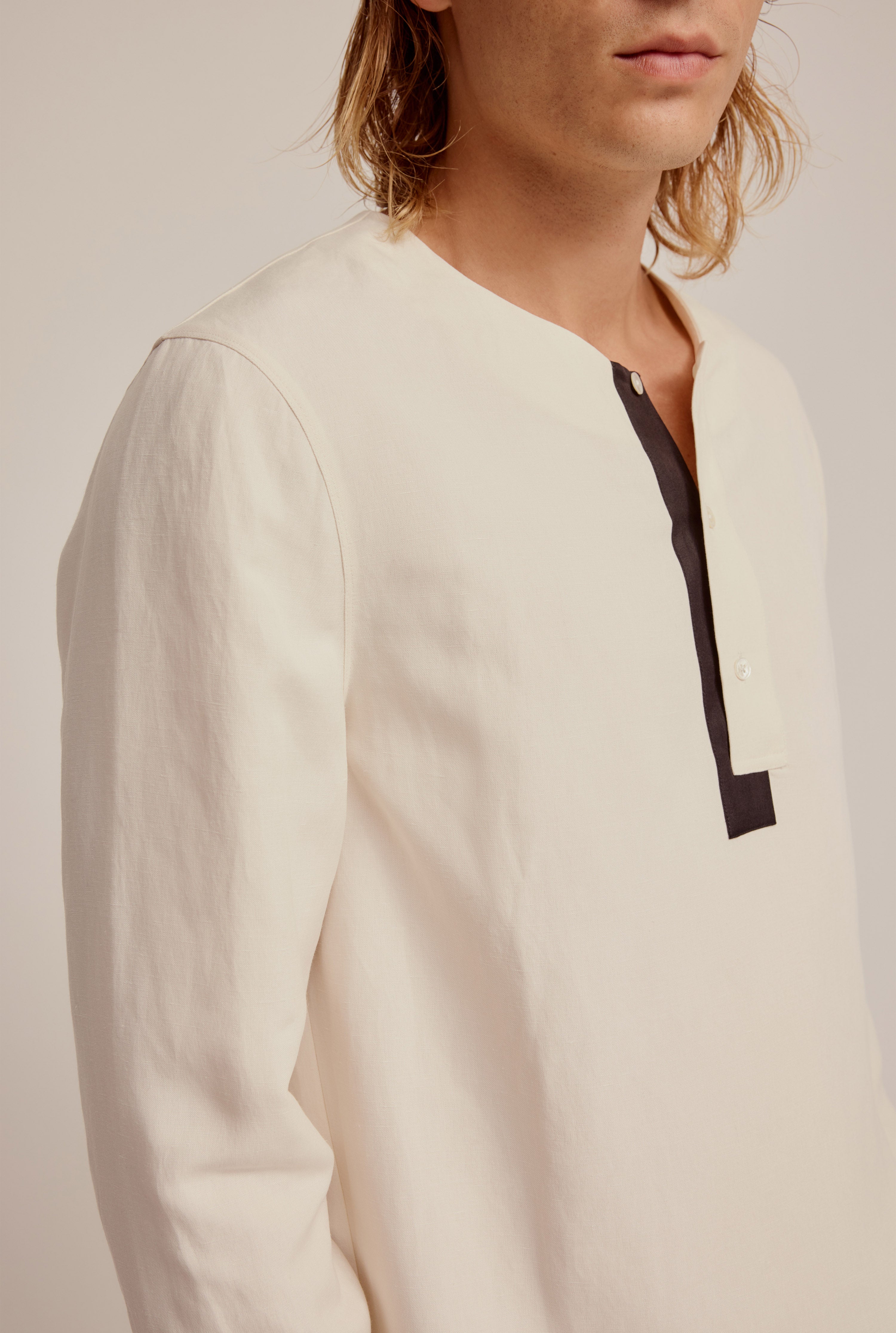 Silk Linen Henley Shirt - Cream/Black