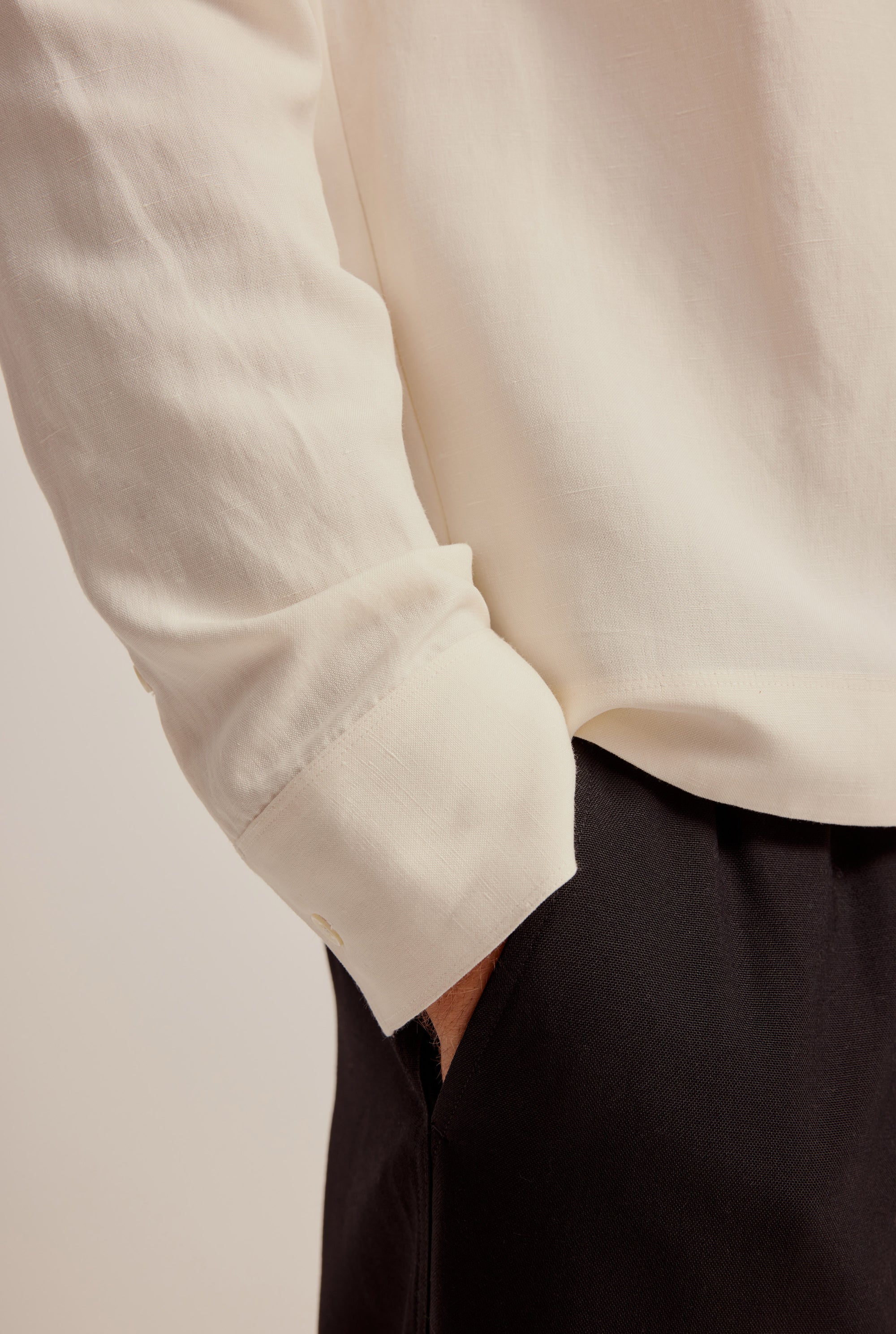 Silk Linen Henley Shirt - Cream/Black