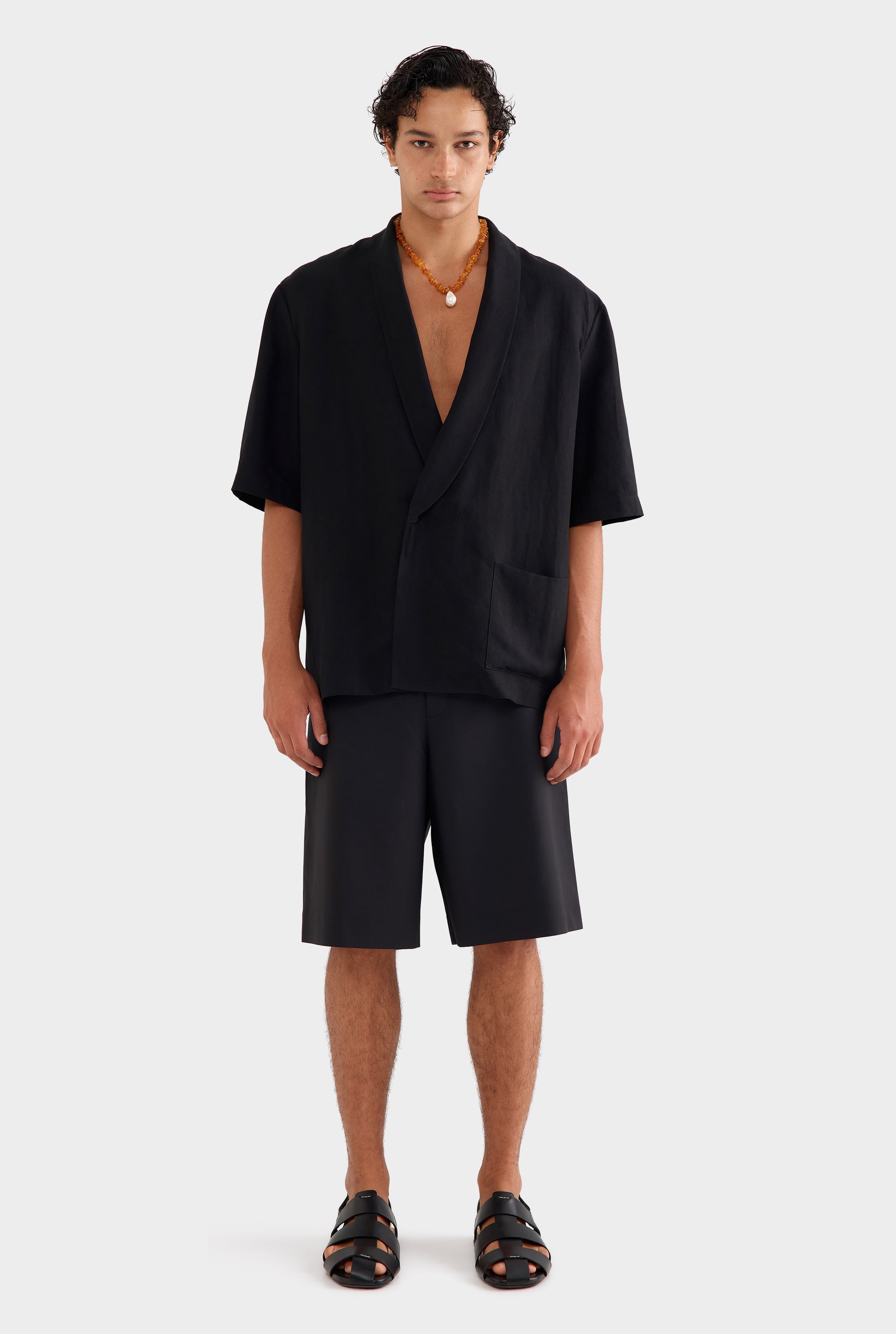 Silk Linen Relaxed Double Breasted Shirt - Black