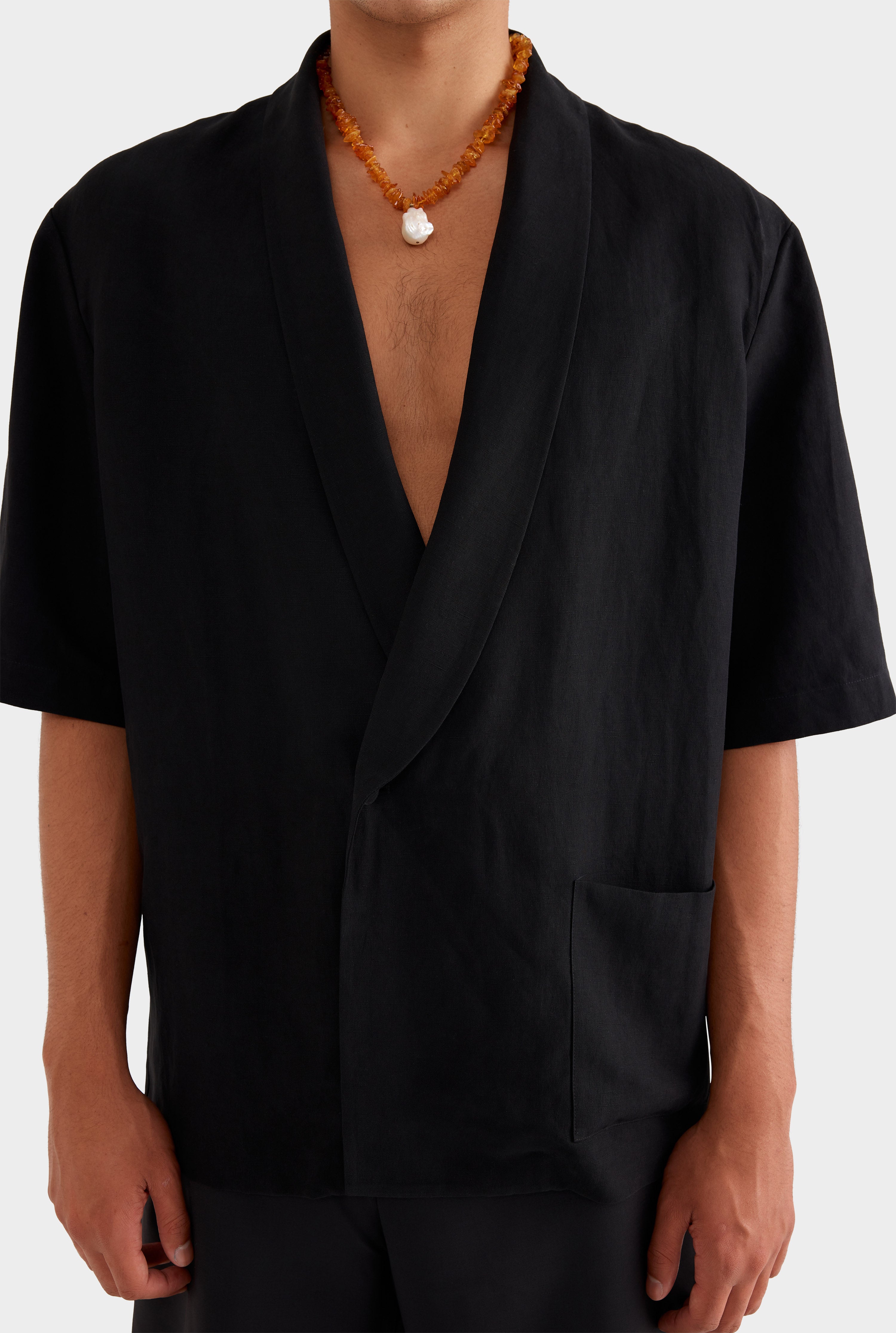 Silk Linen Relaxed Double Breasted Shirt - Black