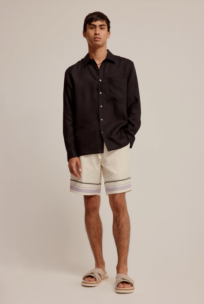 Stripe Border Short - Off White/Lilac Stripe