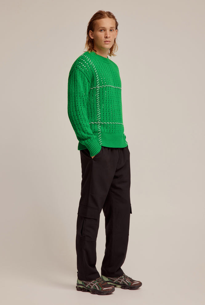 Whipstitch Cotton Cashmere Sweater - Bright Green/Grey Marl