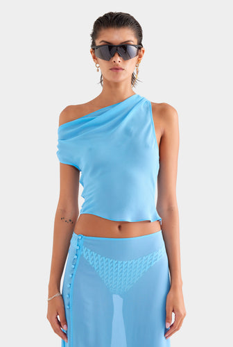 Asymmetric Draped Sheer Silk Top - Azure Blue
