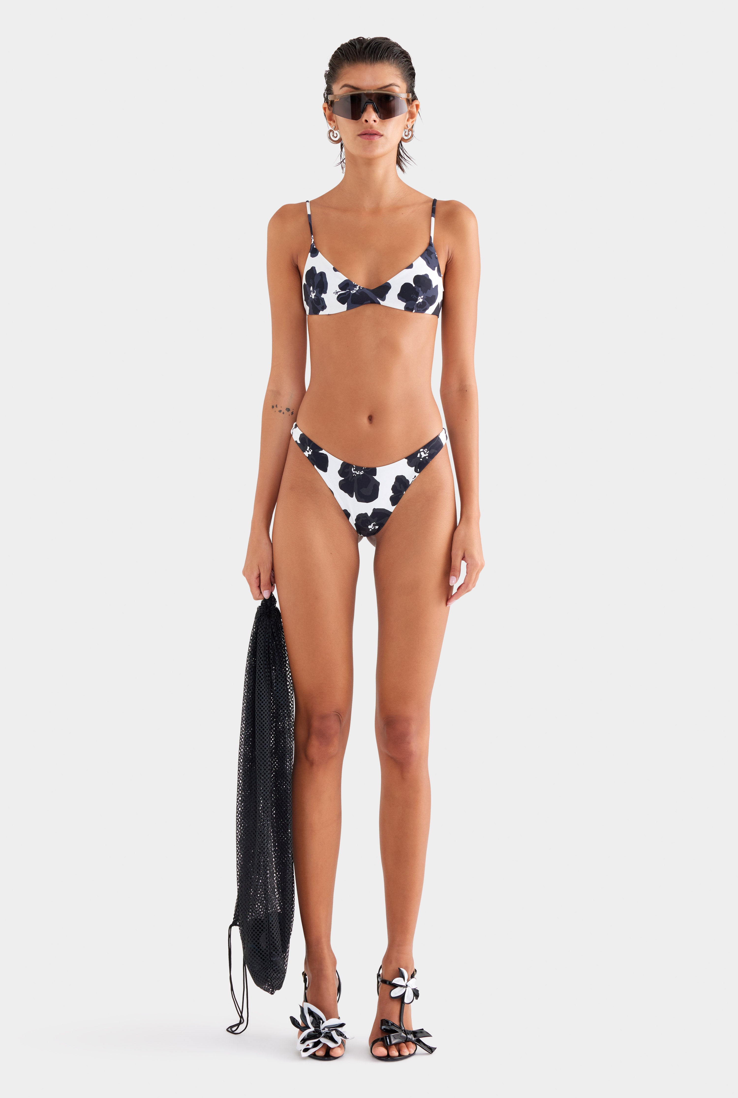 Bralette Swim Top - White/Black Hibiscus