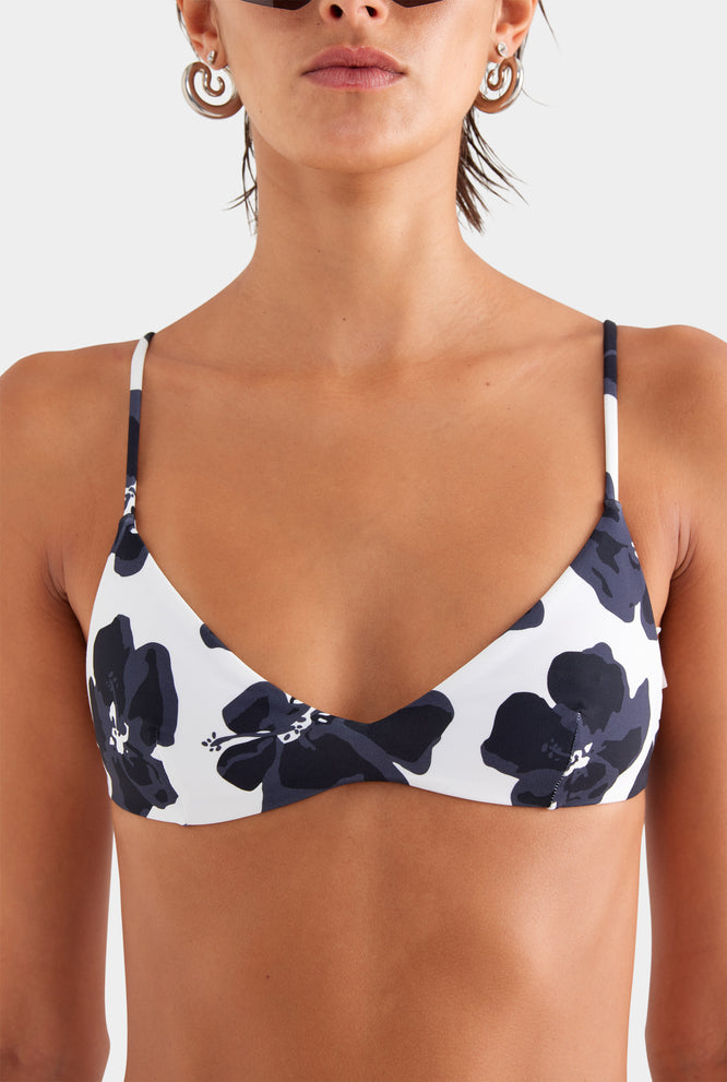 Bralette Swim Top - White/Black Hibiscus