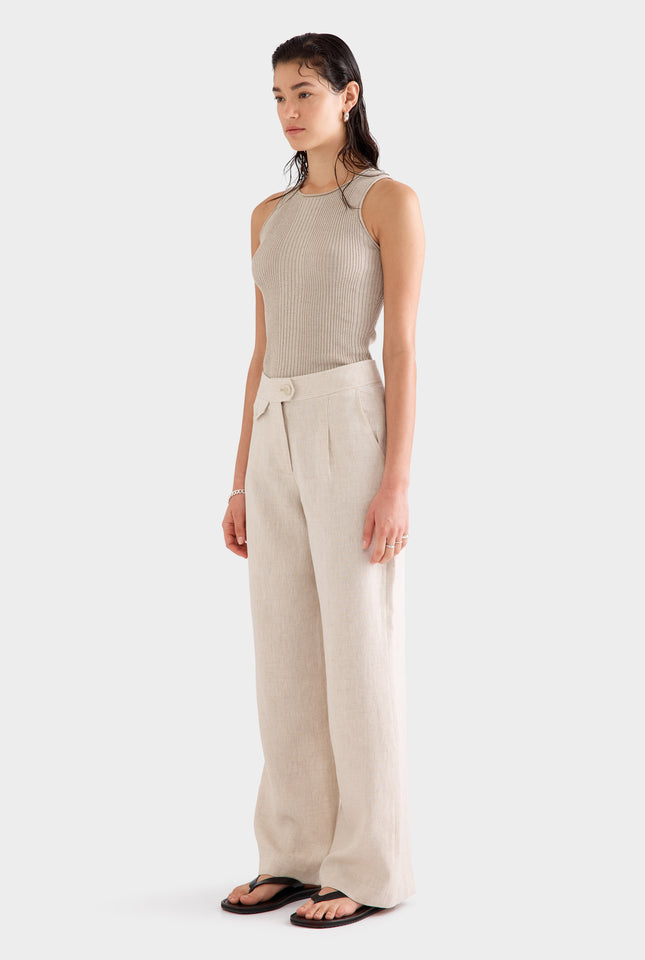 Fixed Waist Linen Trouser - Sand