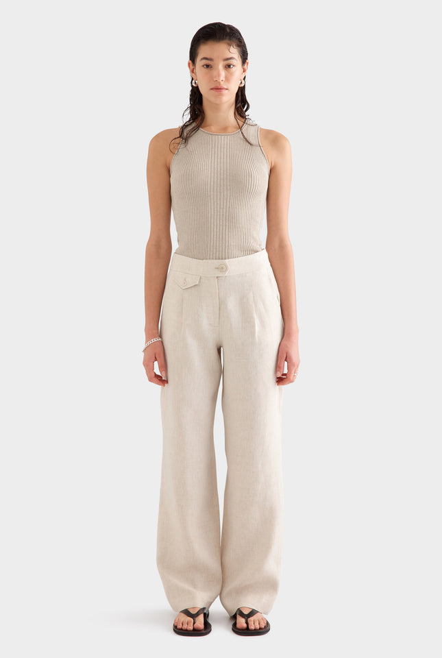 Fixed Waist Linen Trouser - Sand