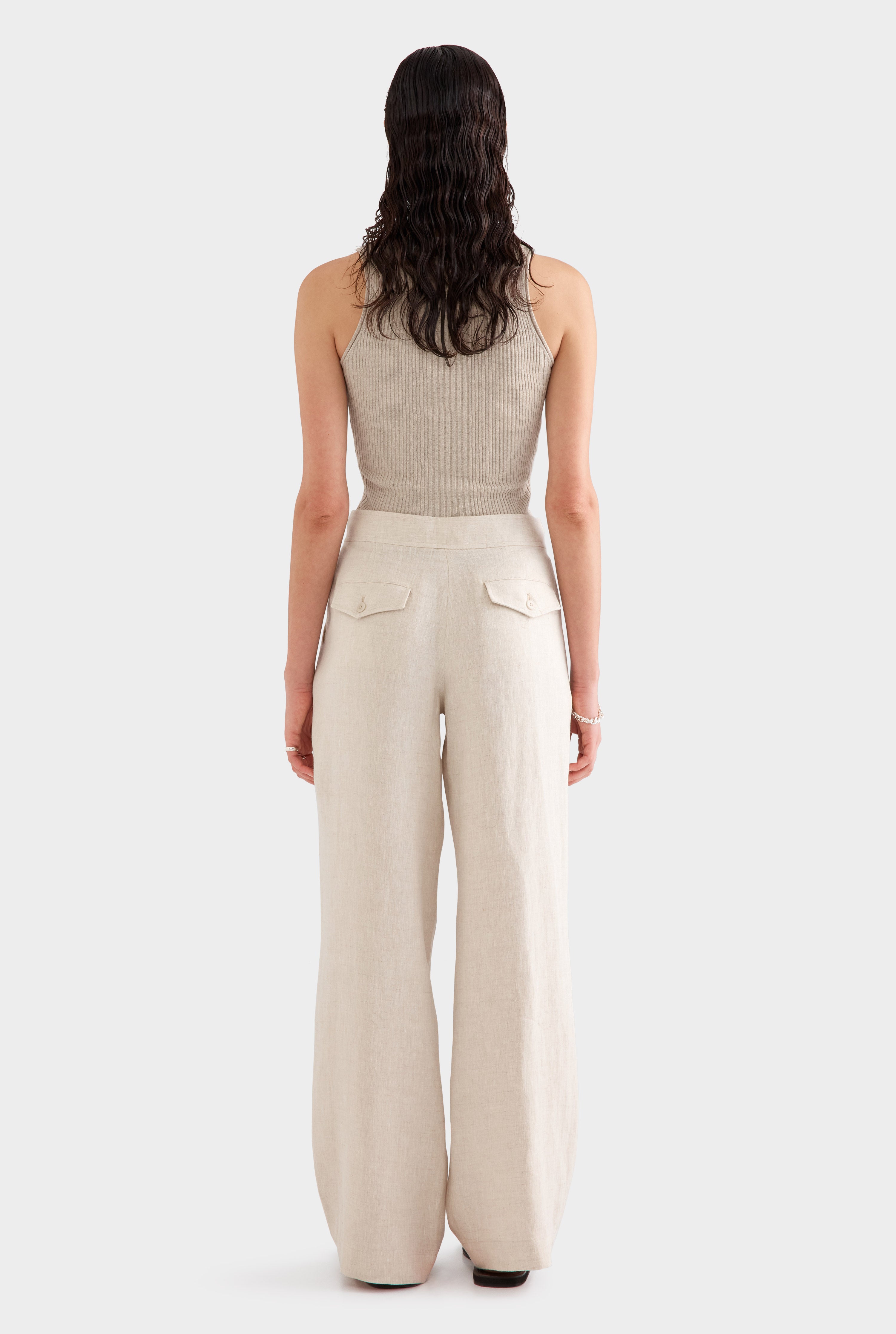 Fixed Waist Linen Trouser - Sand