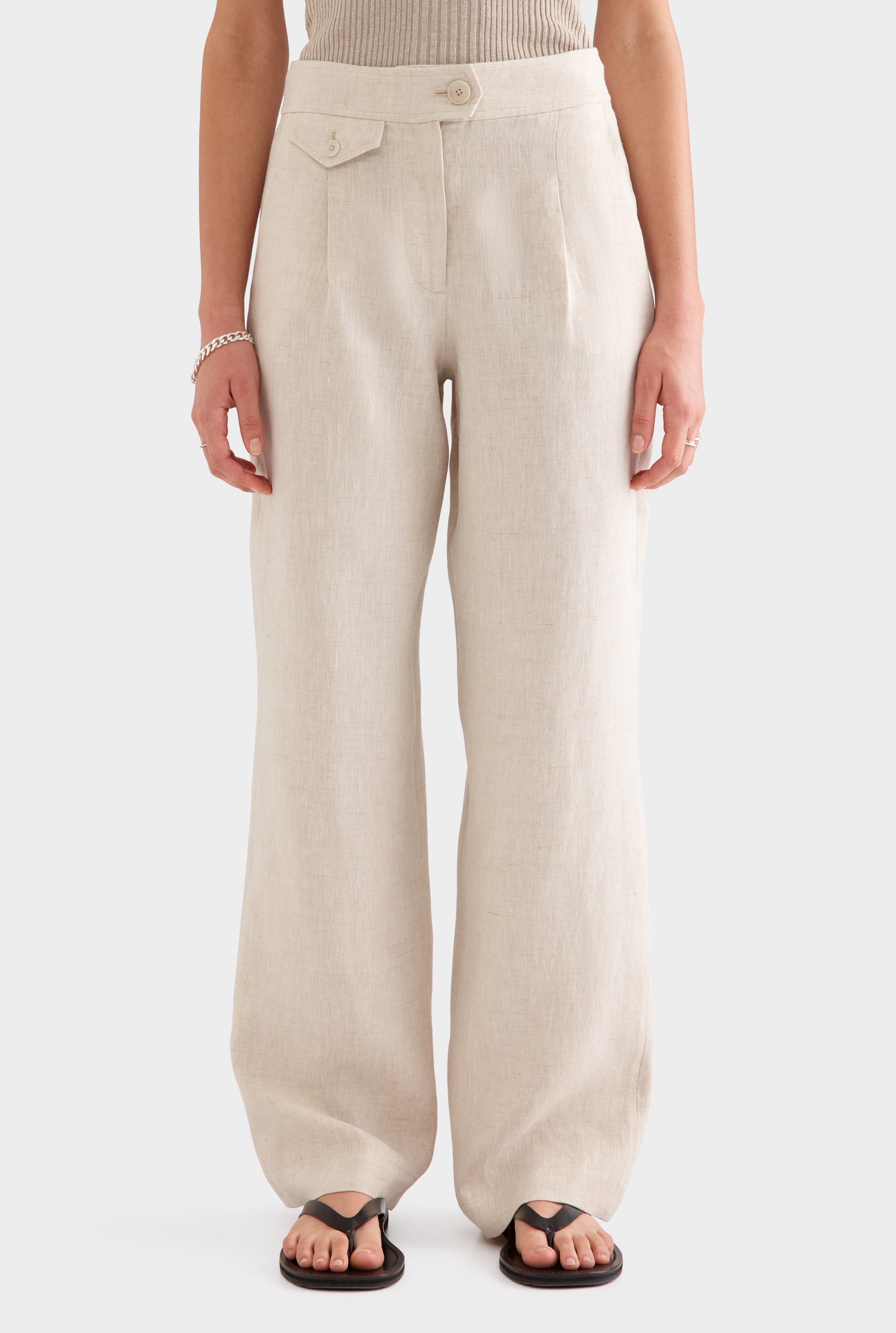 Fixed Waist Linen Trouser - Sand