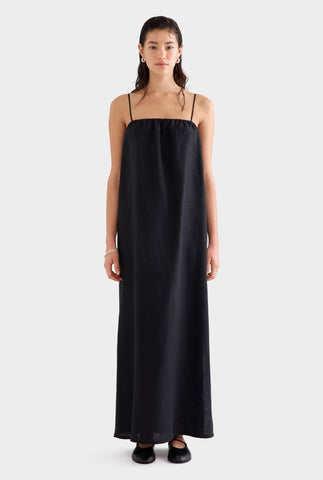 Gathered Linen Maxi Dress - Black