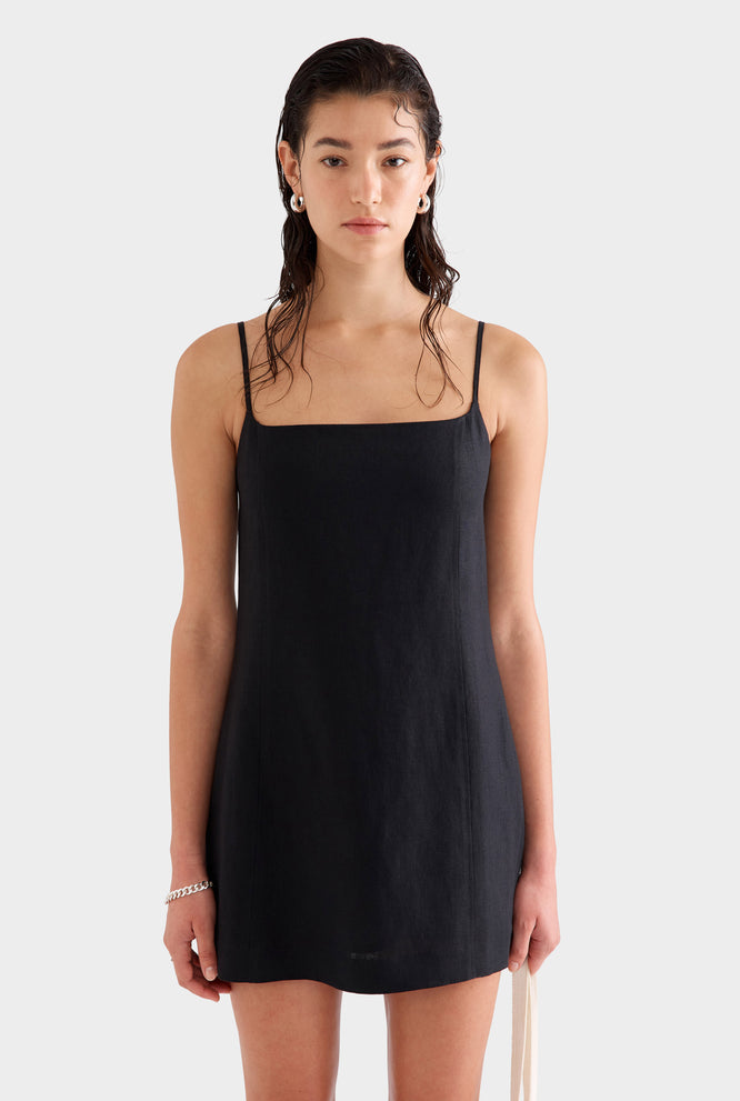 Linen Panelled Mini Dress - Black